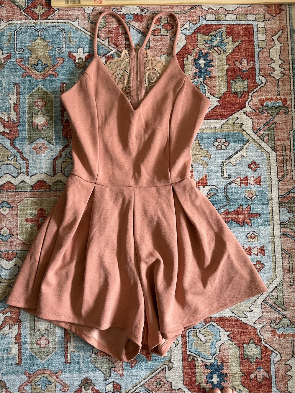 Revamped Sleeveless Romper in Dusty Peach with Lace Back